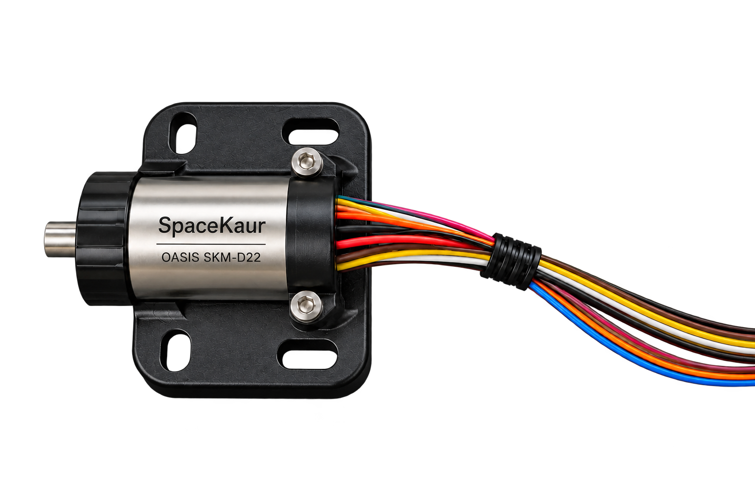 OASIS precision motor with its mounting plate and wiring